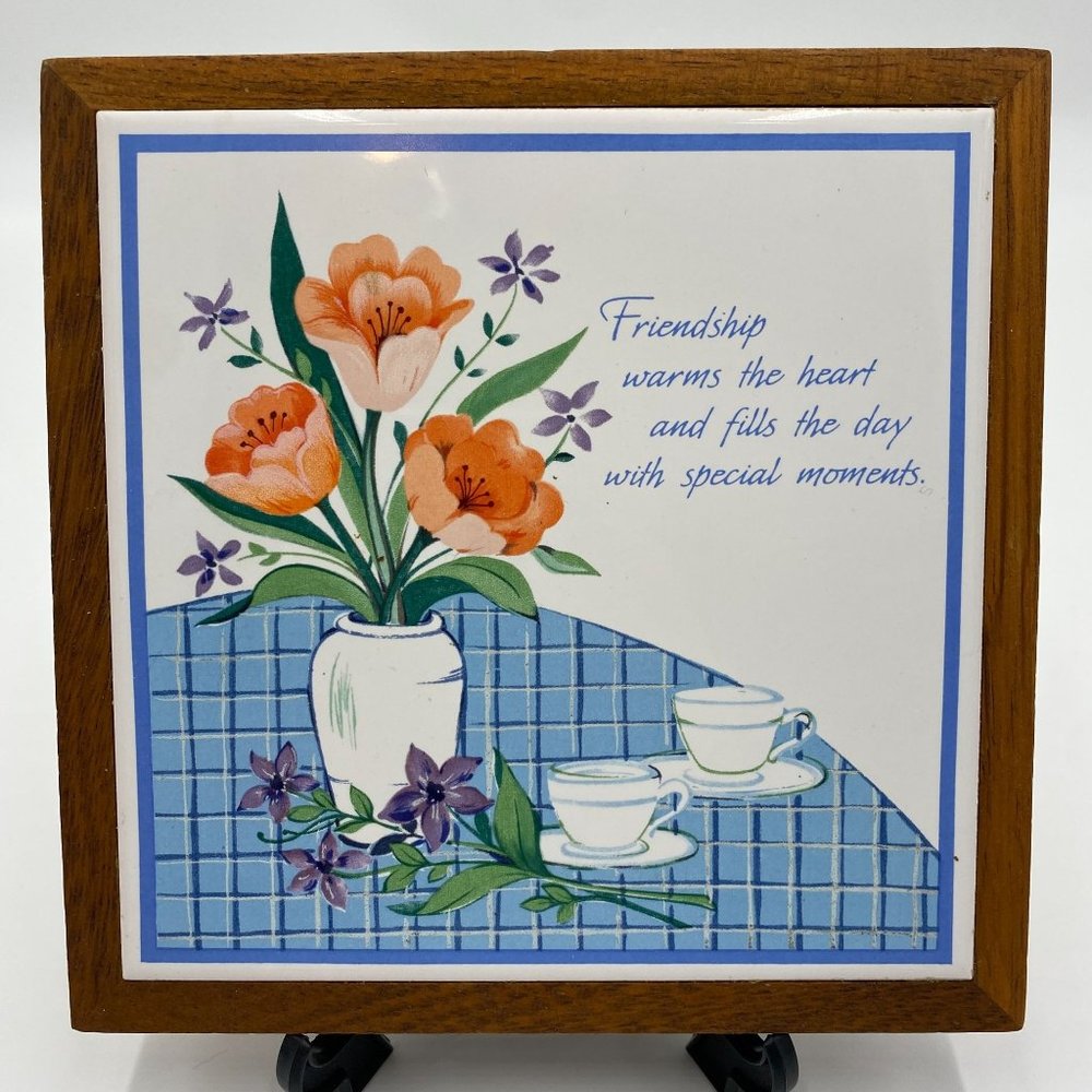 Friendship Warms The Heart.. Wall Tile Trivet Wooden Frame Marked ELAINE 6.75"